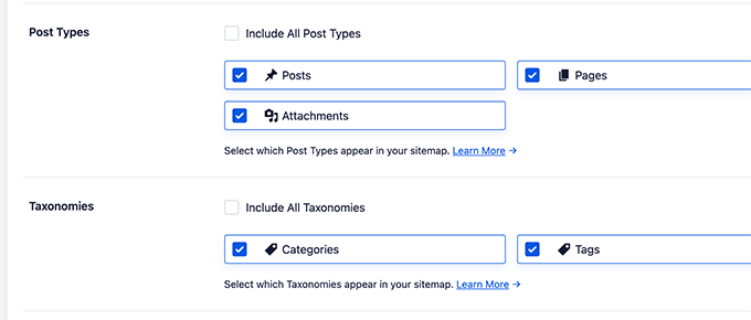 Exclude post types and taxonomies from sitemaps