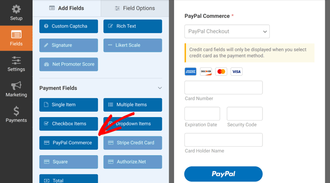 Добавить поле PayPal Commerce