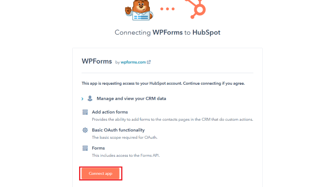 Klik tombol Connect App untuk menghubungkan WPForms dan HubSpot