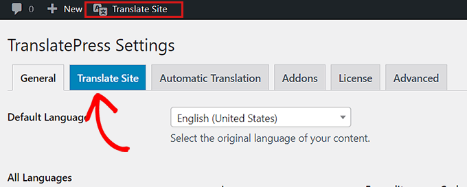 روی دکمه Translate Site کلیک کنید