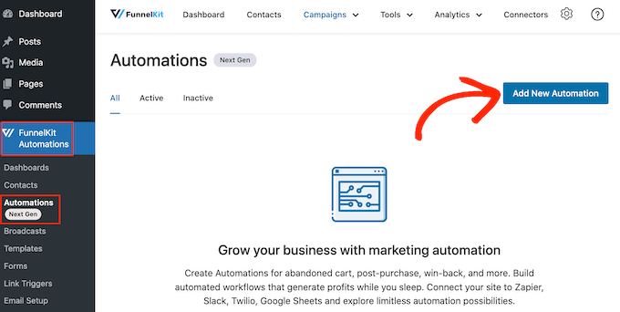 Creating a new WordPress automation with FunnelKit