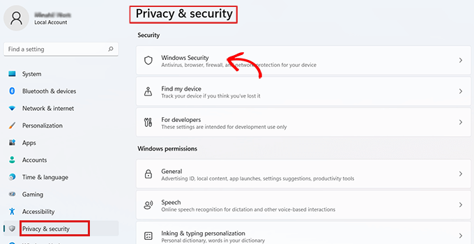 به Privacy and Security رفته و Windows Security را انتخاب کنید