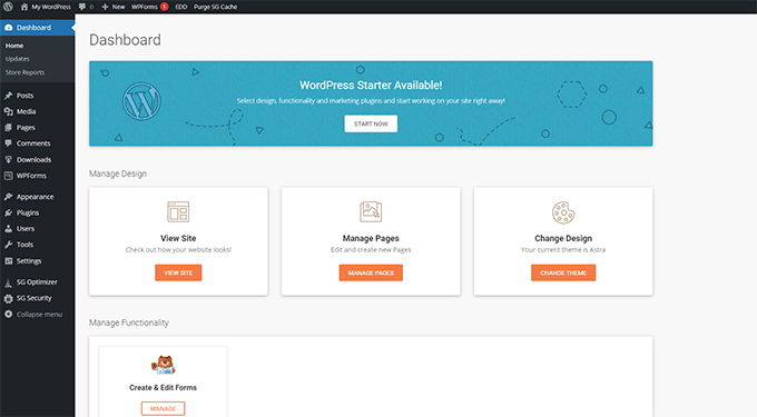 Your WordPress admin dashboard will look like this