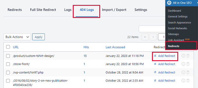 404 mistake logs in AIOSEO