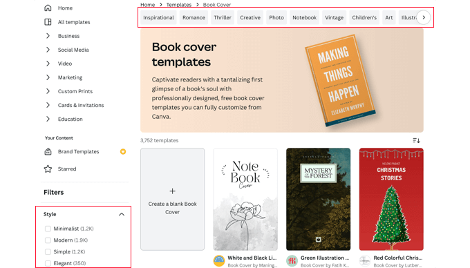 在 Canva 中过滤电子书封面模板