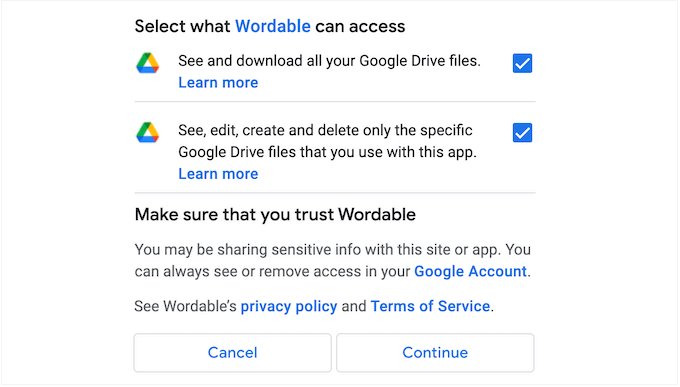 Giving Wordable access to your Google Drive