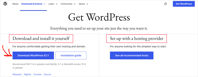 单击“下载 WordPress”按钮