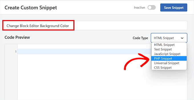 گزینه PHP Snippet را به عنوان نوع کد برای تغییر رنگ پس زمینه ویرایشگر انتخاب کنید