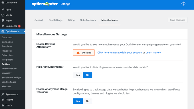 OptinMonster Asks You to Share Anonymous Usage Tracking