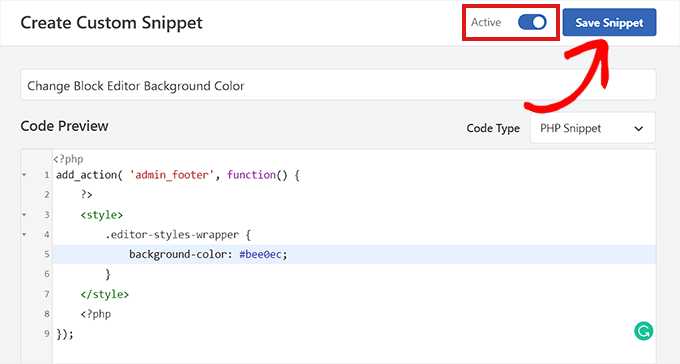 Paste the code snippet to change the background color