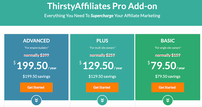The ThirstyAffiliates affiliate pricing page
