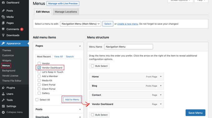 Adding the Vendor Dashboard to the Navigation Menu