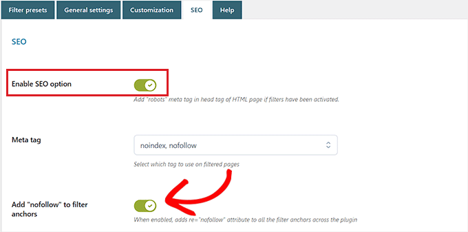 Set up the SEO settings for the filter predetermined