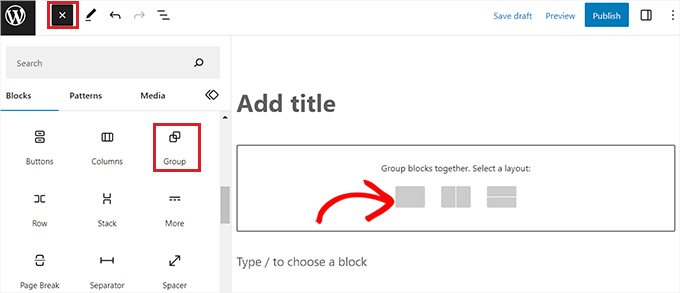 Select Group block from the block menu