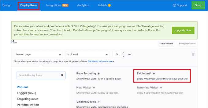 Select Exit Intent alternative from the dropdown menu on the left