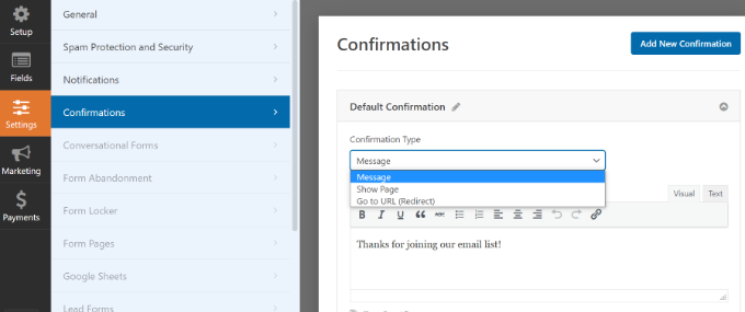 Confirmation settings Mailchimp form