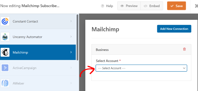 Select your Mailchimp account